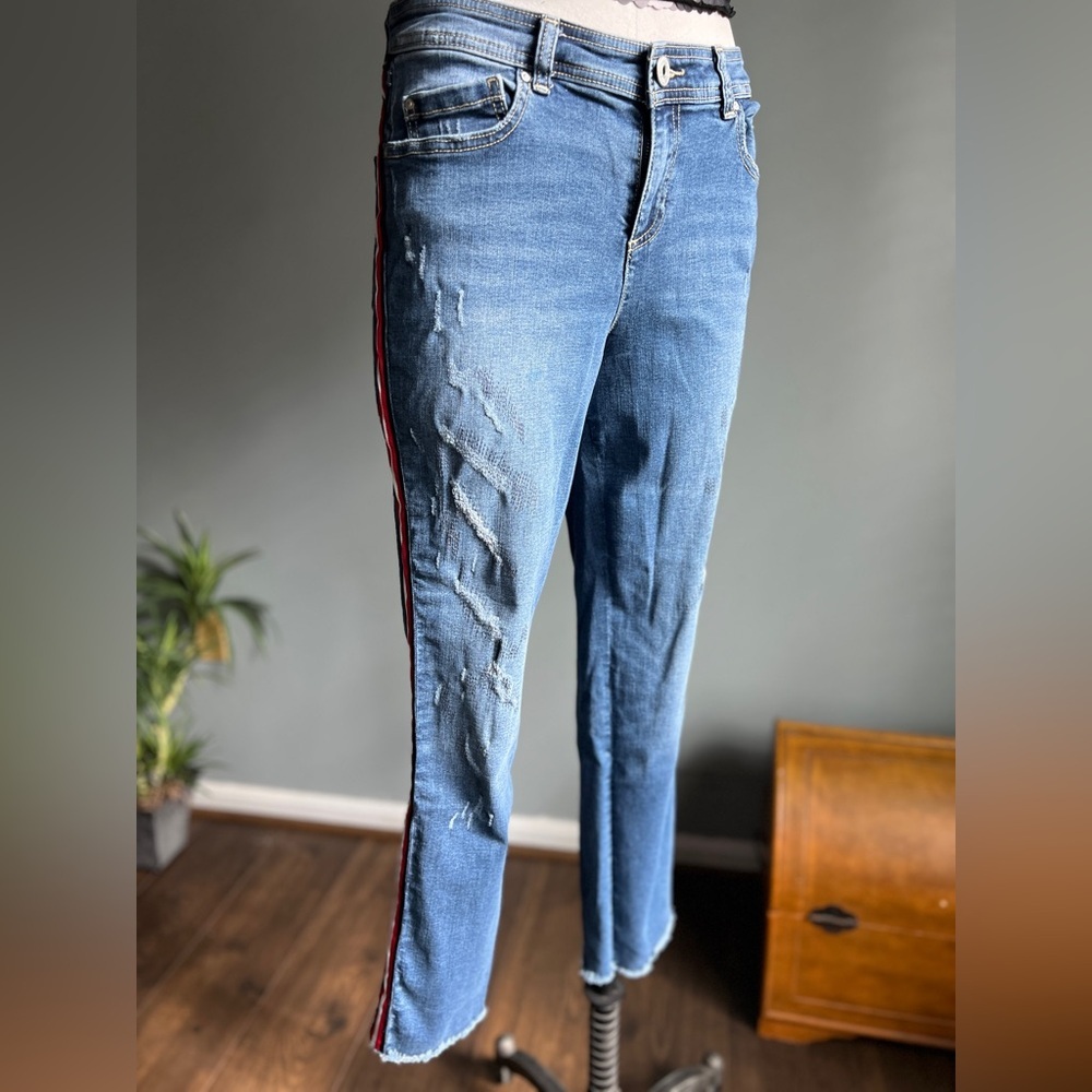 Distressed Blue Jeans with Red Stripe